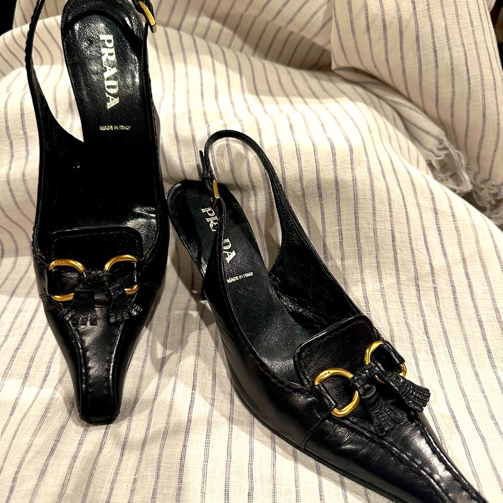 UNIQUE Prada black leather slingback pumps Size 5 1/2 EU (fits size 6)